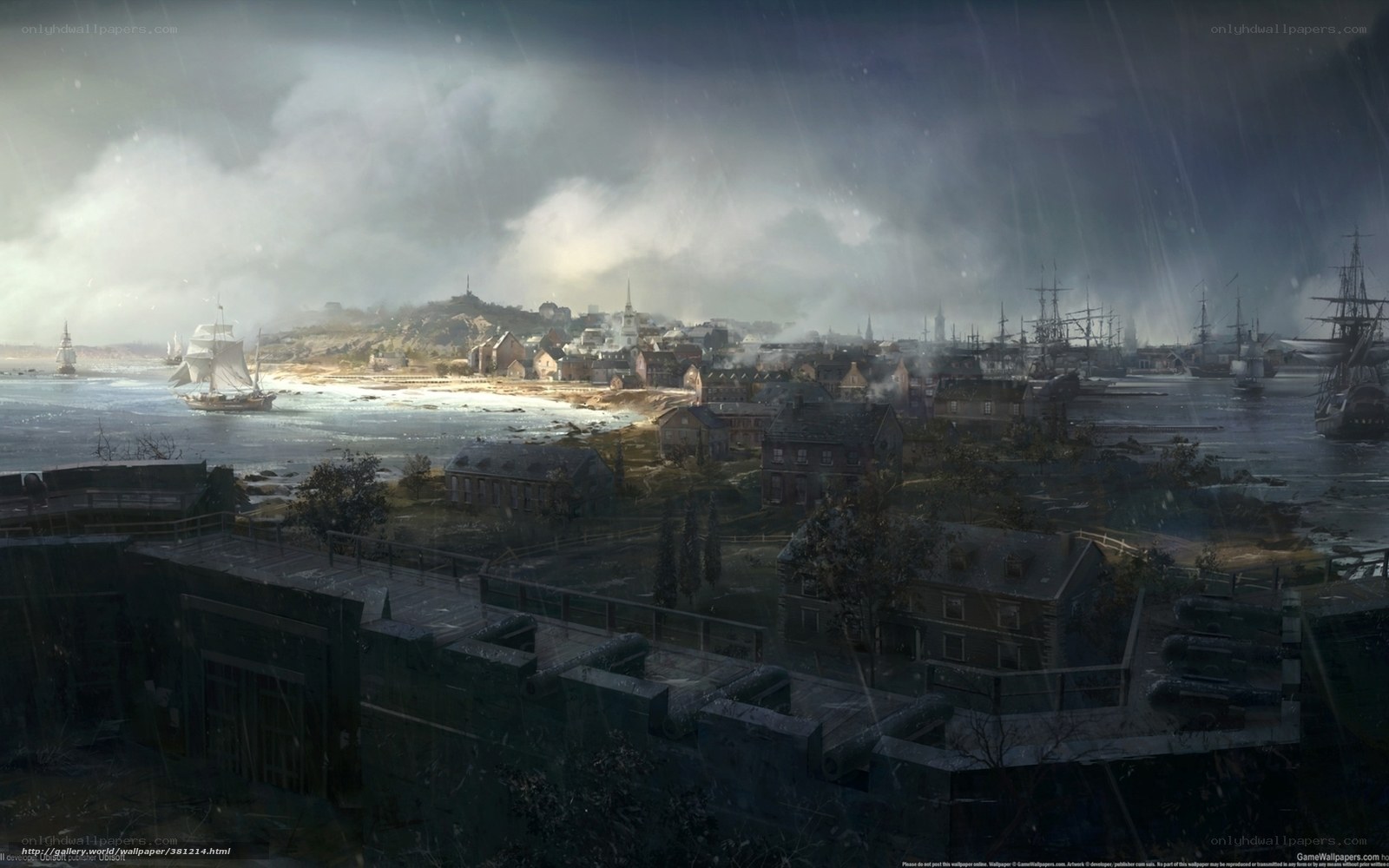 Stormy coastal town view