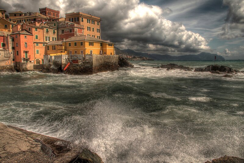 Stormy coastal village scene