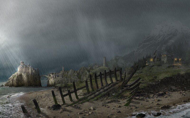 Stormy coastal village scene