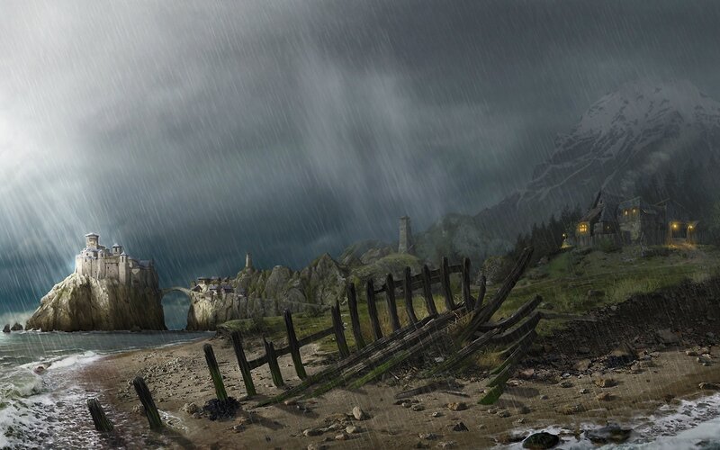 Stormy coastal village scene