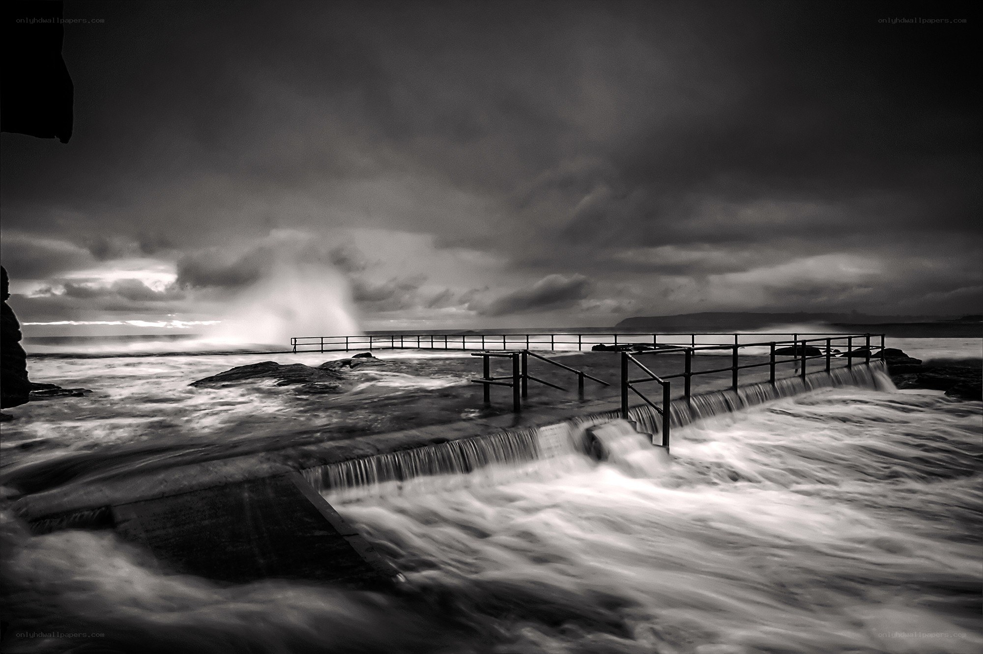 Stormy coastal waters at dusk
