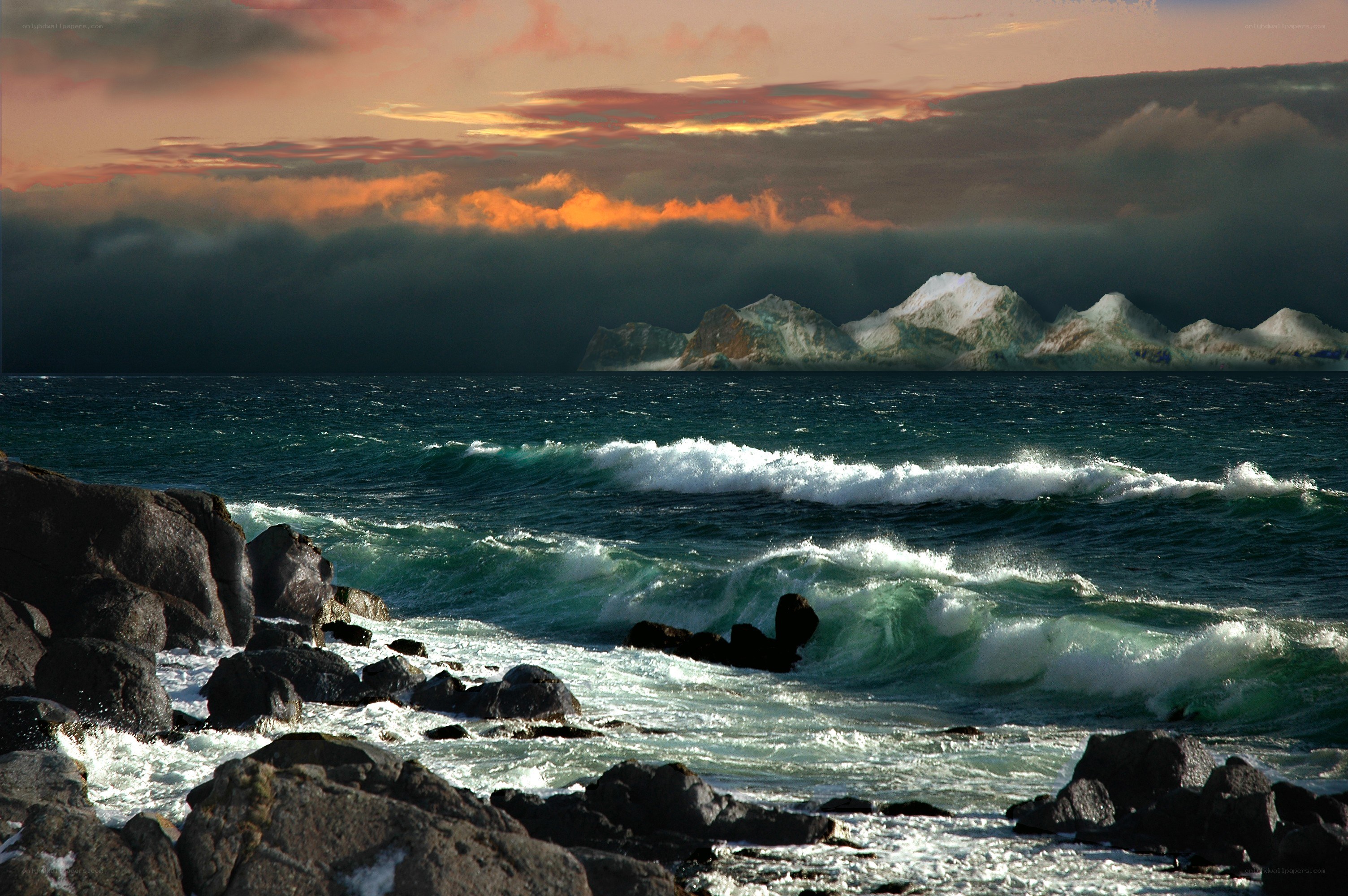 Stormy coastal waves at sunset