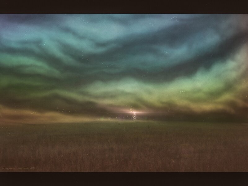 Stormy field at night