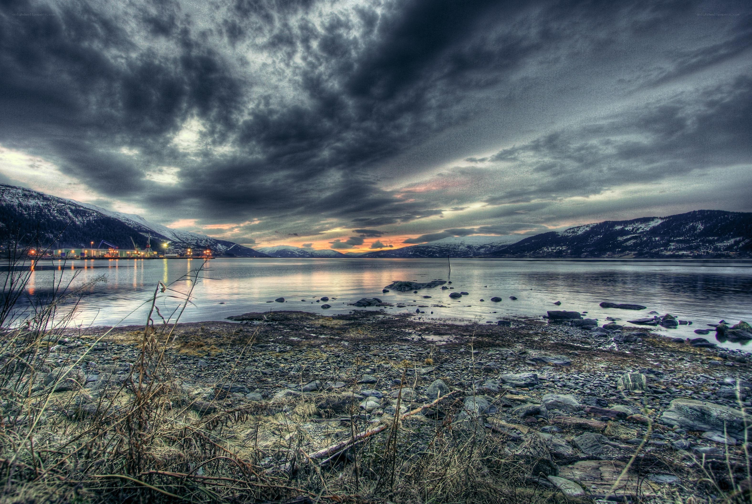 Stormy fjord at dusk