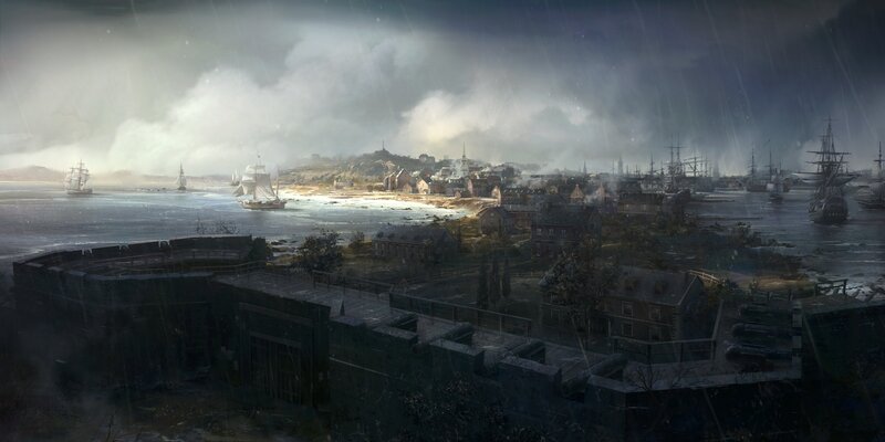 Stormy harbor at dusk