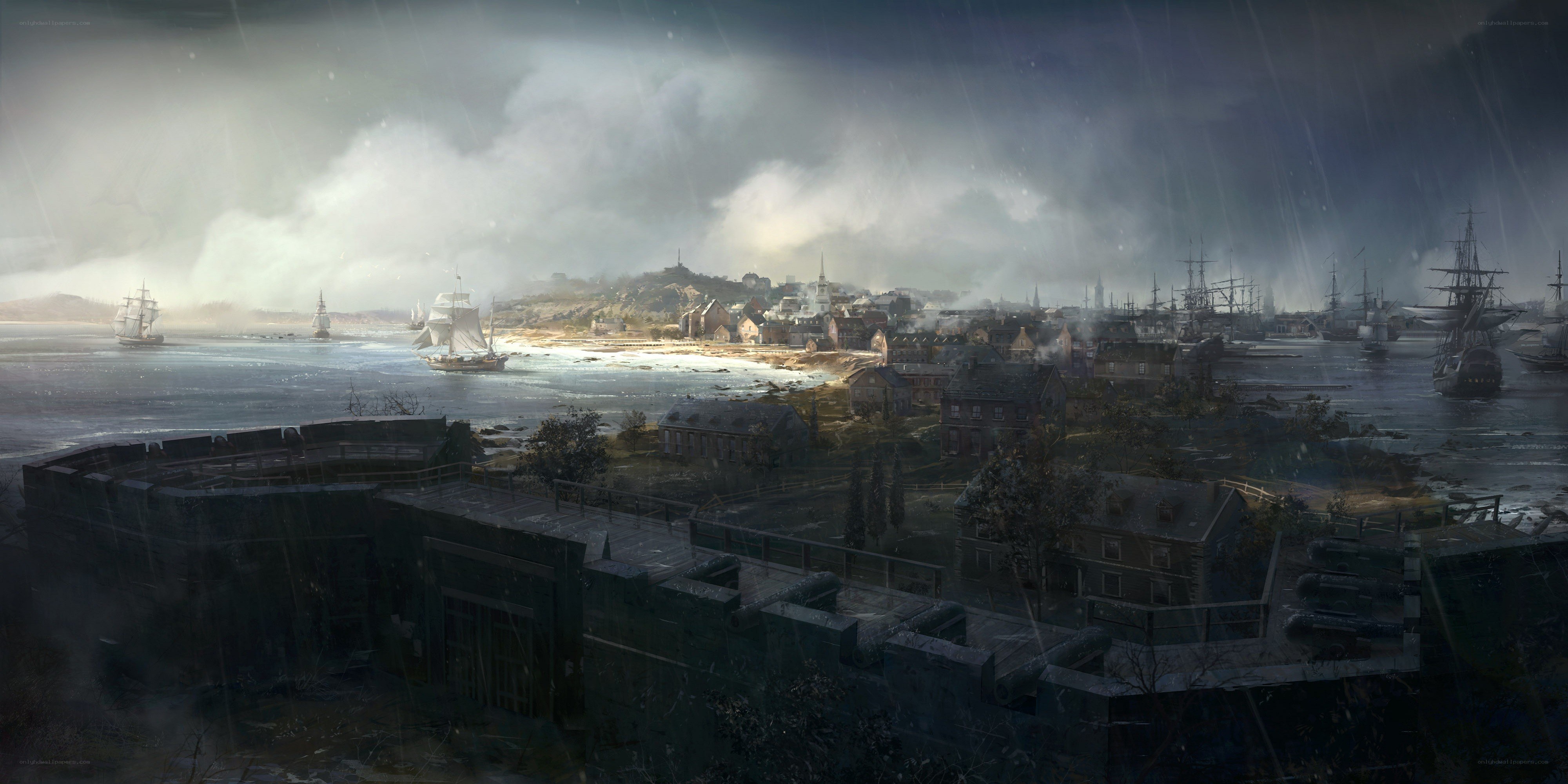 Stormy harbor at dusk