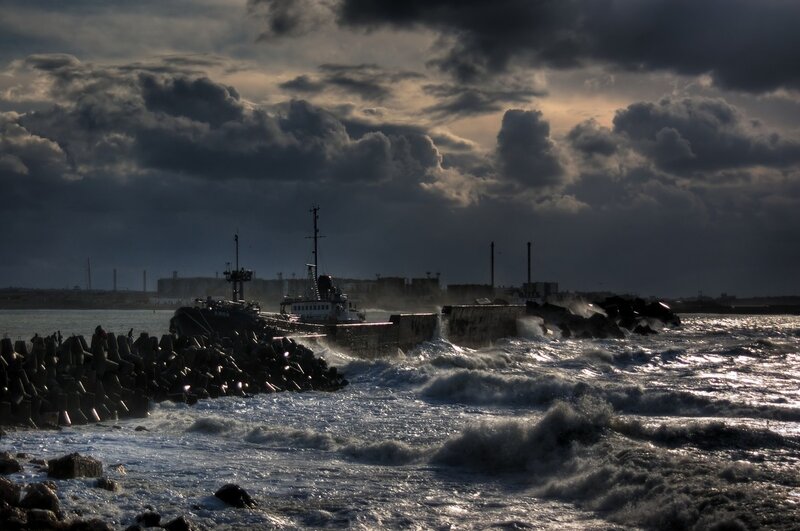 Stormy harbor at dusk