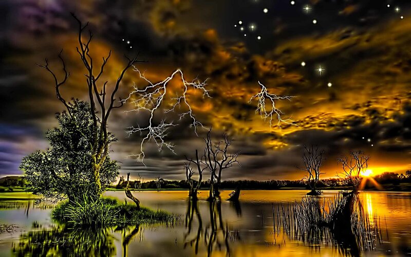 Stormy lake at sunset
