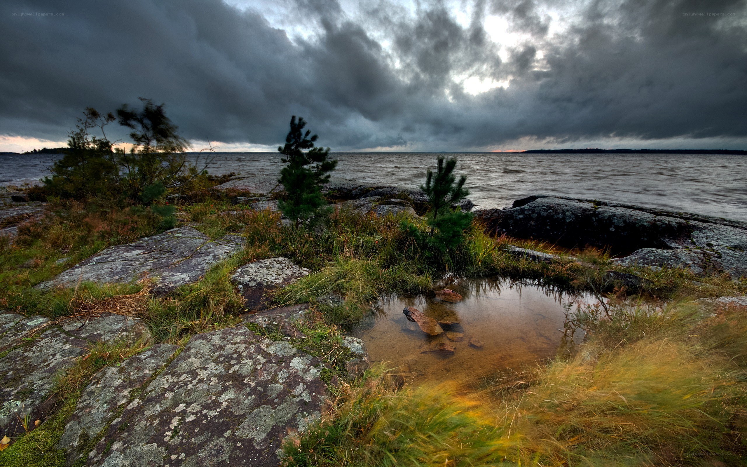 Stormy lake shore with rocks