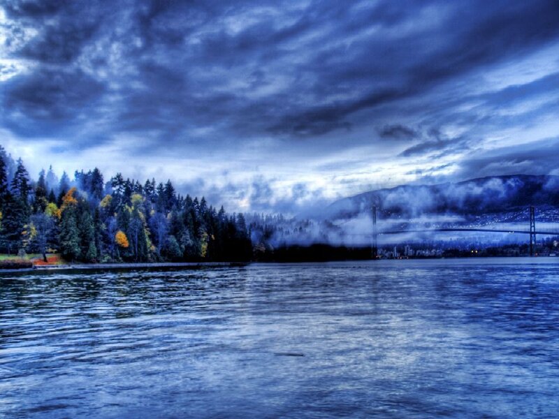Stormy lake with bridge view