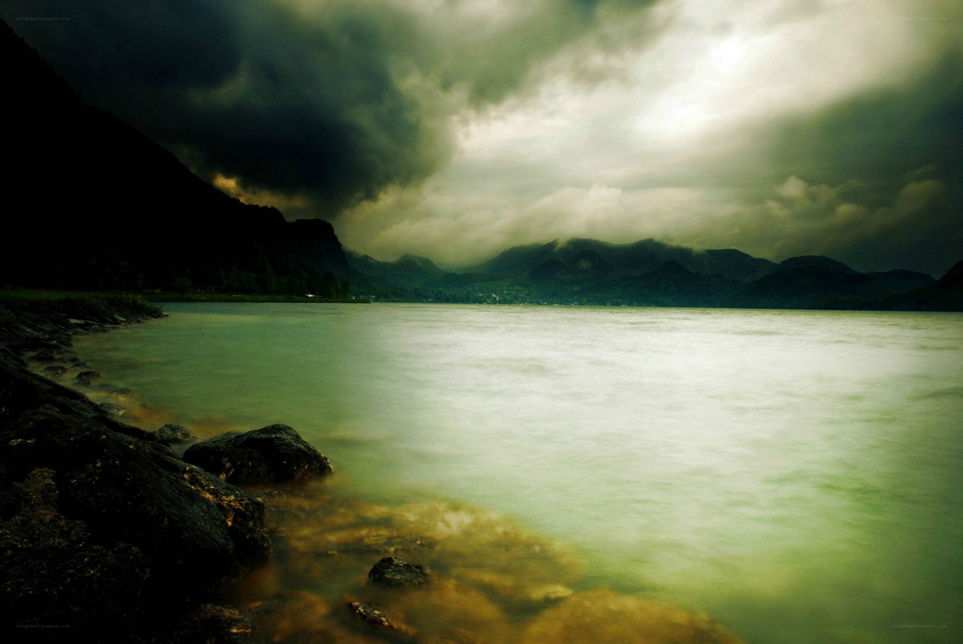 Stormy lake with dark clouds