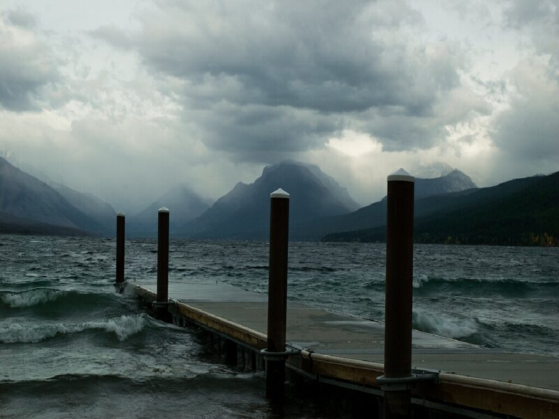 Stormy lake with dock