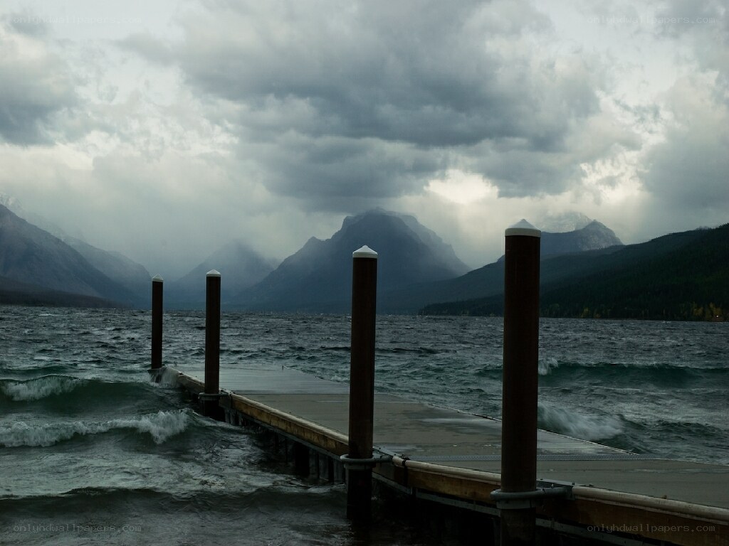 Stormy lake with dock