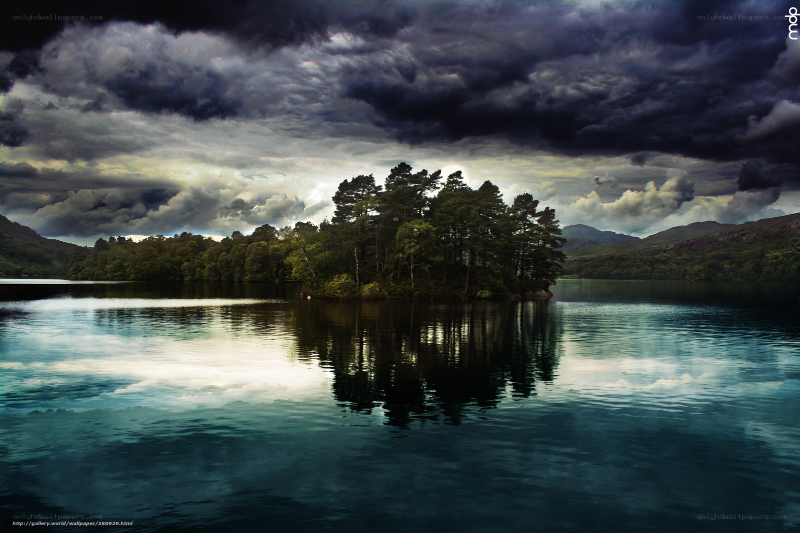 Stormy lake with island reflection