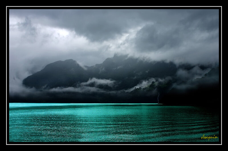 Stormy lake with mountains