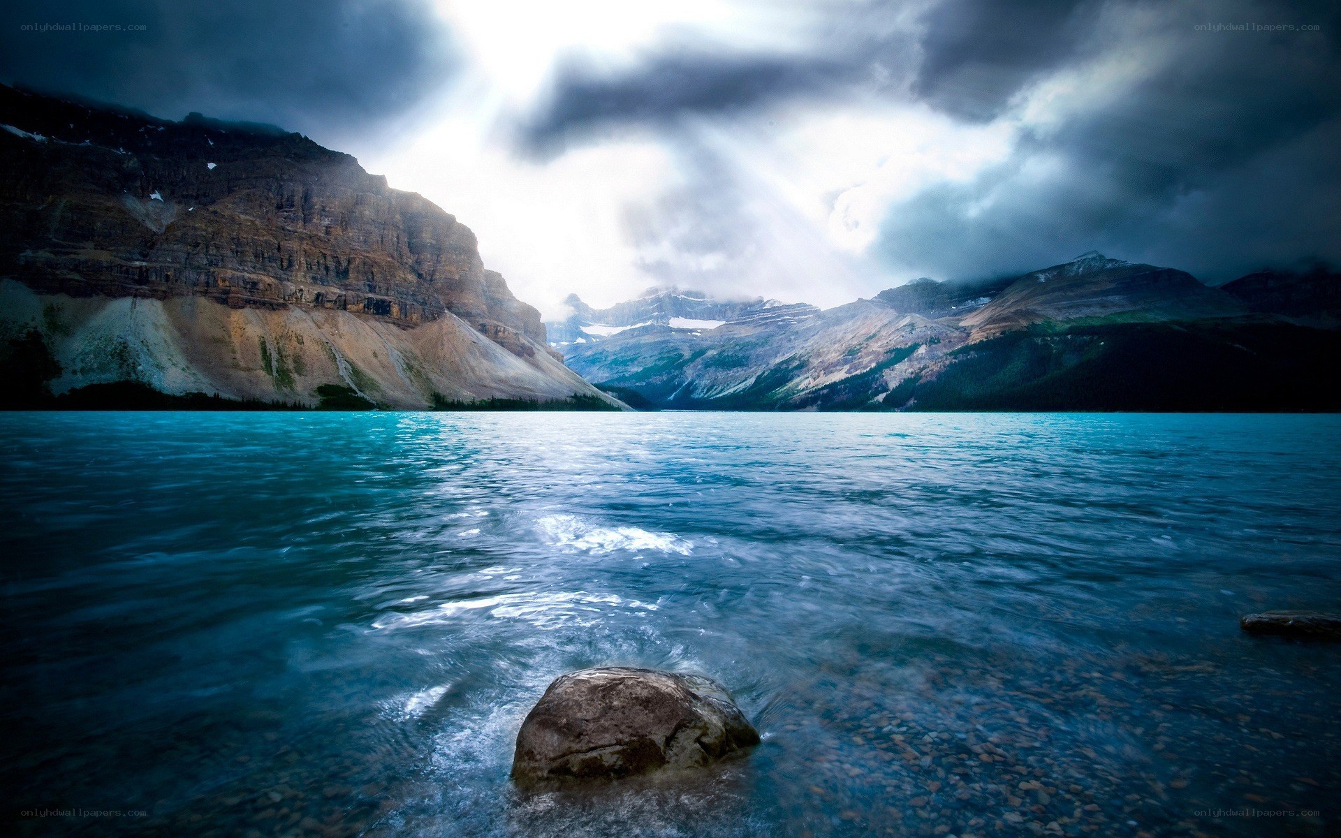 Stormy lake with mountains
