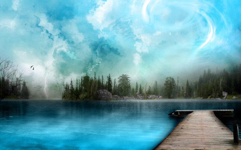 Stormy lake with wooden dock