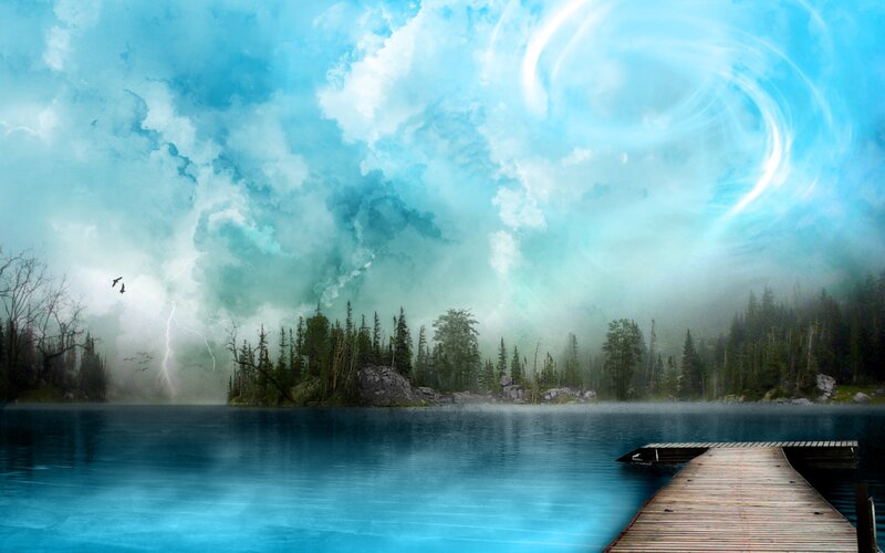 Stormy lake with wooden dock