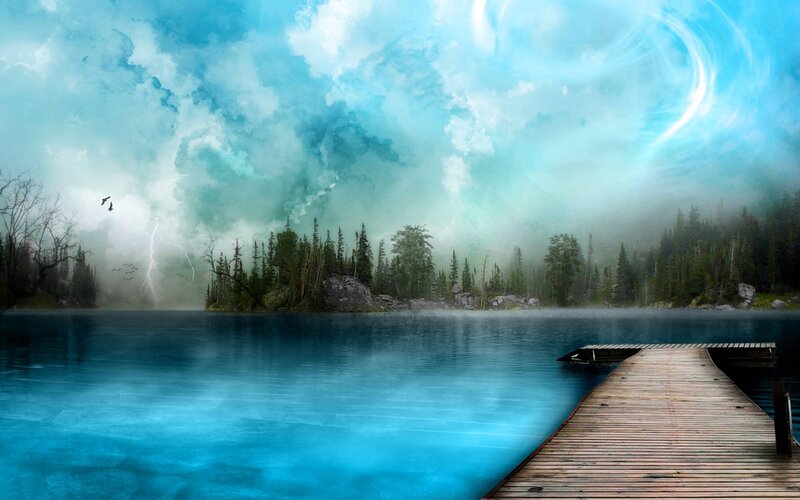 Stormy lake with wooden dock