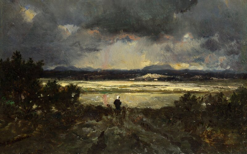 Stormy landscape with lone figure