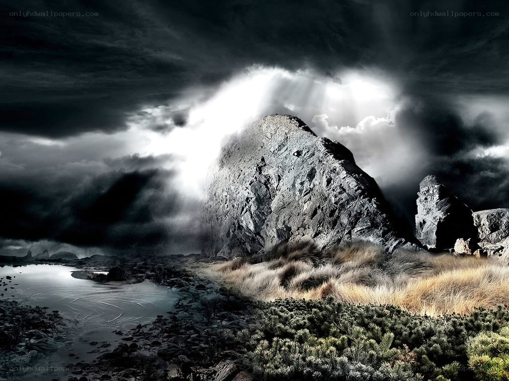 Stormy landscape with rock formation