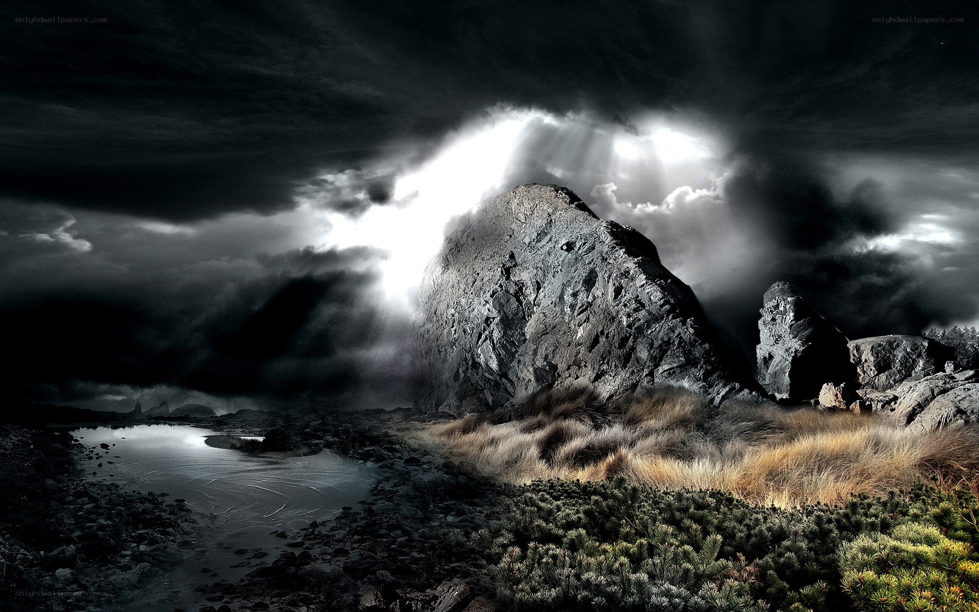 Stormy landscape with rock formation