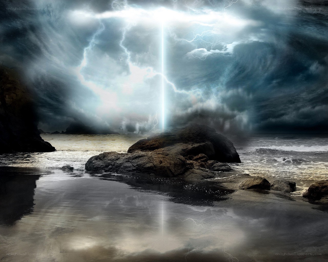 Stormy lightning over rocky beach
