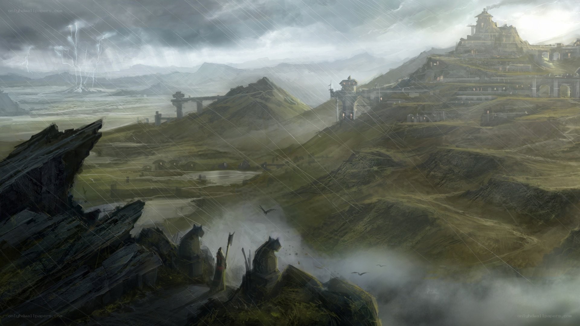 Stormy mountain fortress landscape