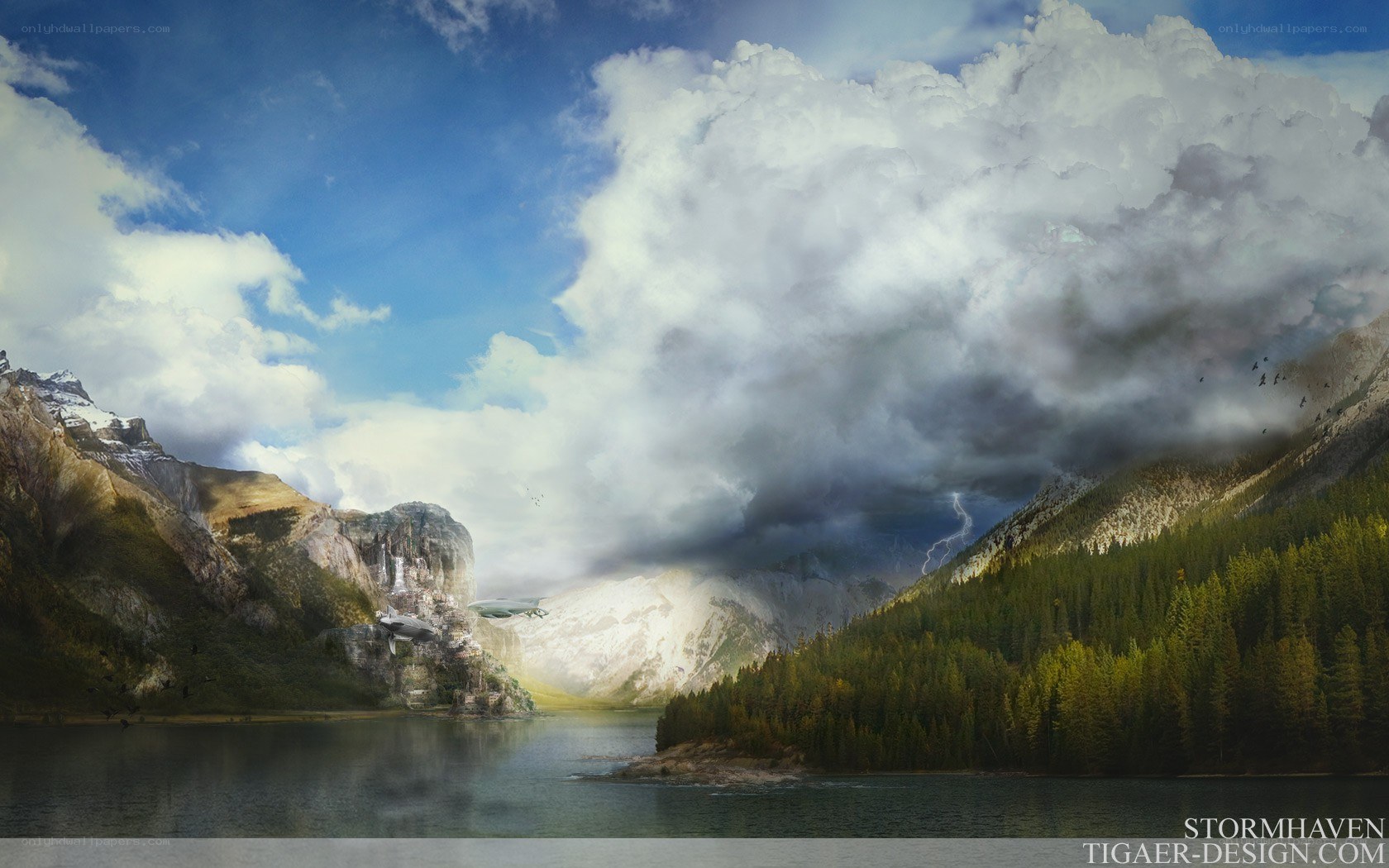 Stormy mountain lake landscape
