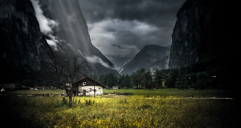 Stormy mountain valley scene