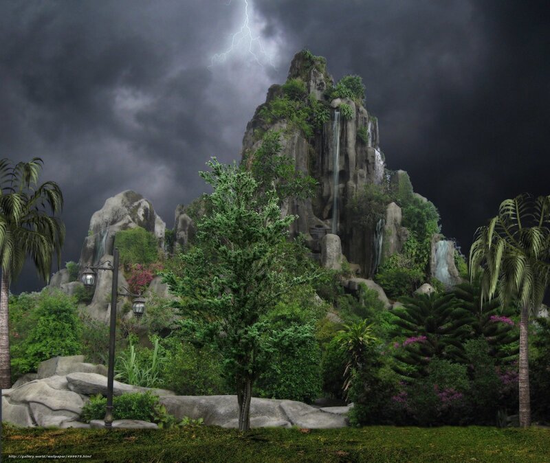 Stormy mountain with waterfall