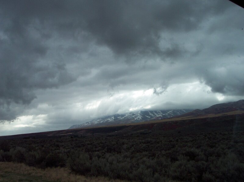 Stormy mountains under dark clouds