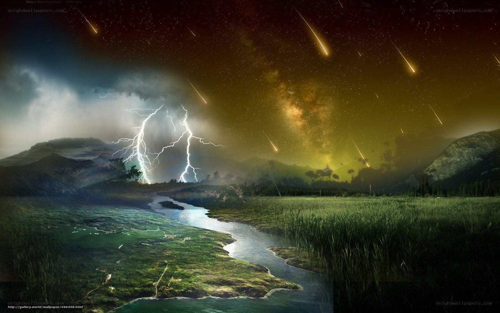Stormy night over river landscape