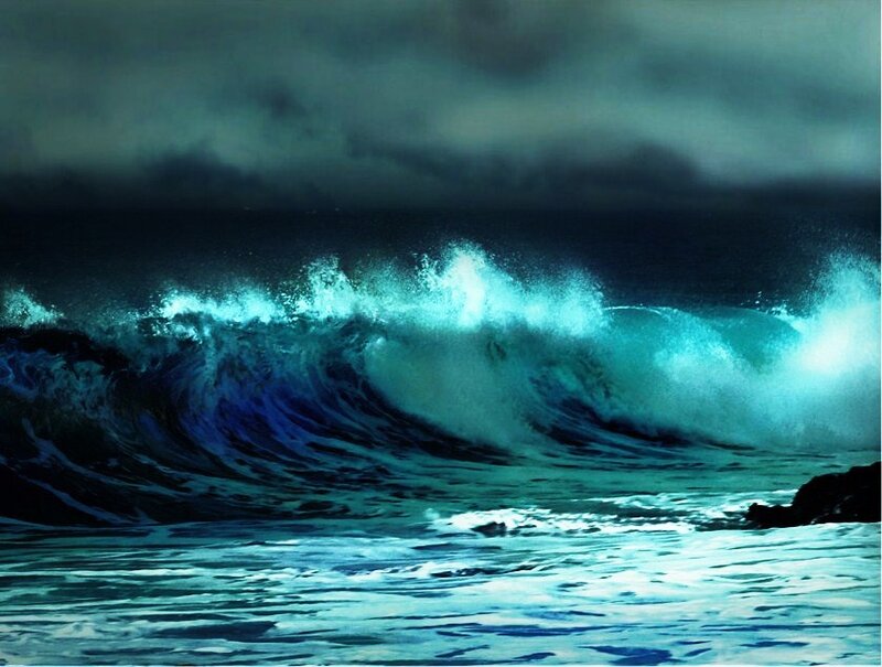 Stormy ocean wave at night