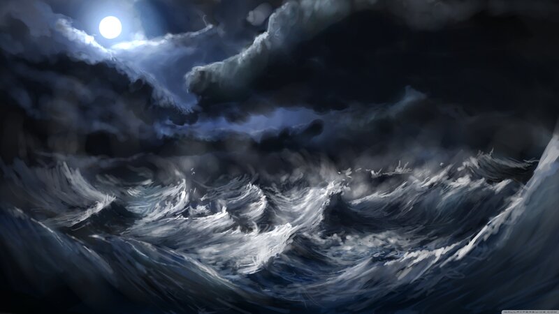 Stormy Ocean Waves — Blue, Dramatic, Night, Digital Art, Moon