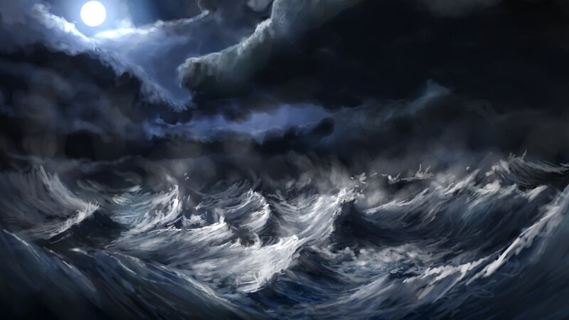 Stormy Ocean Waves — Blue, Dramatic, Night, Digital Art