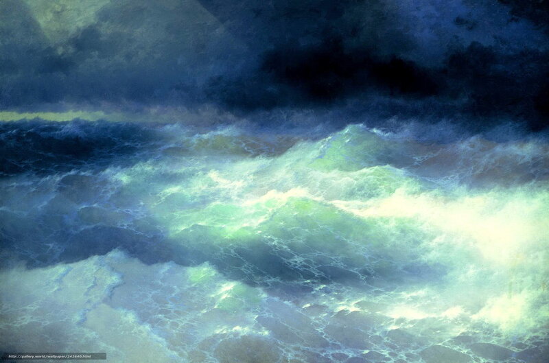 Stormy Ocean Waves — Blue, Dramatic, Night, Painting