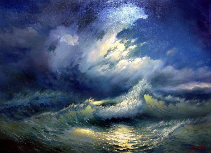 Stormy Ocean Waves — Blue, Dramatic, Night