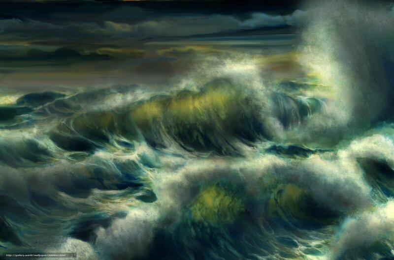 Stormy Ocean Waves — Green, Dramatic, Digital Art, Clouds