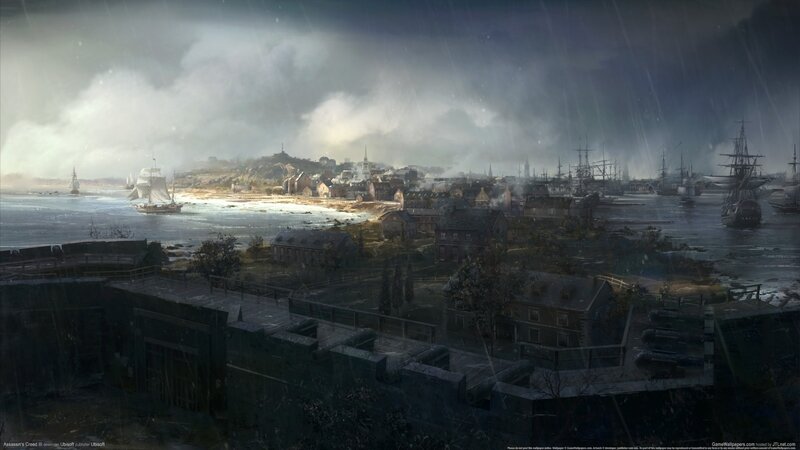 Stormy port city view