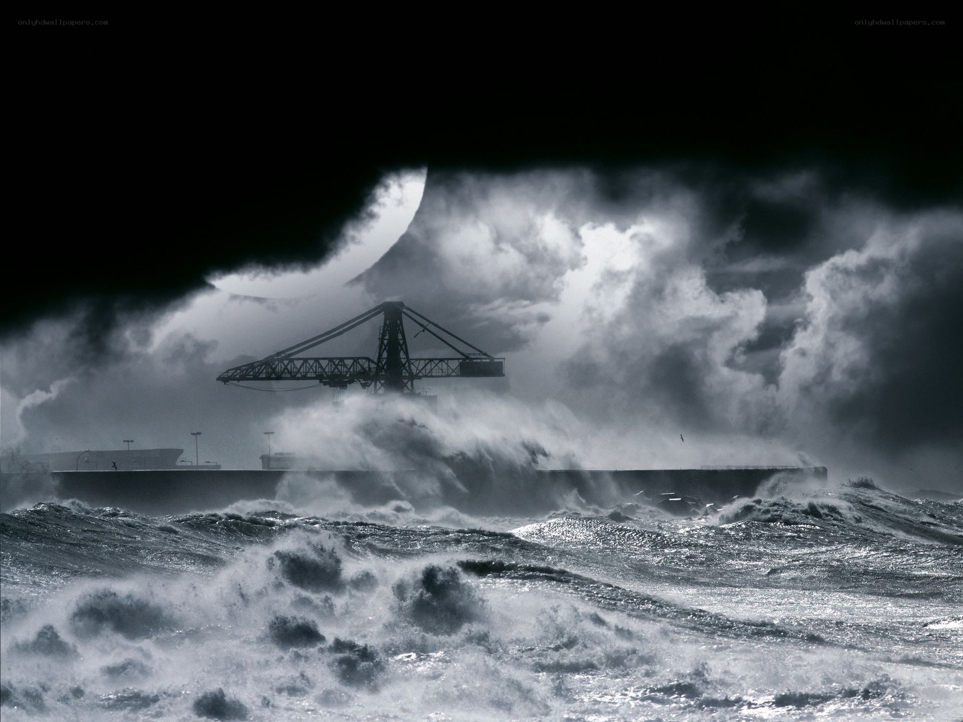 Stormy port with crane