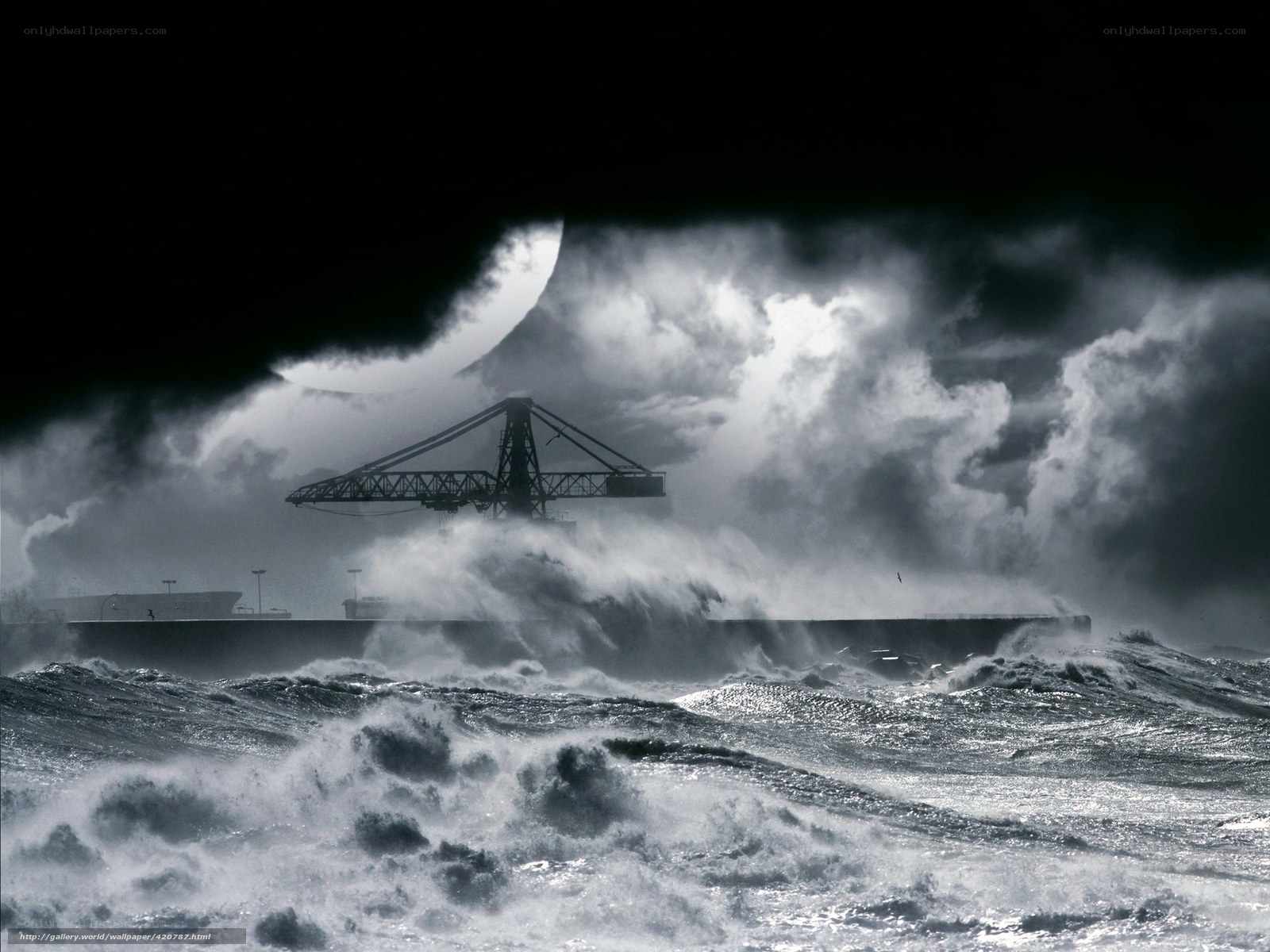 Stormy port with crane