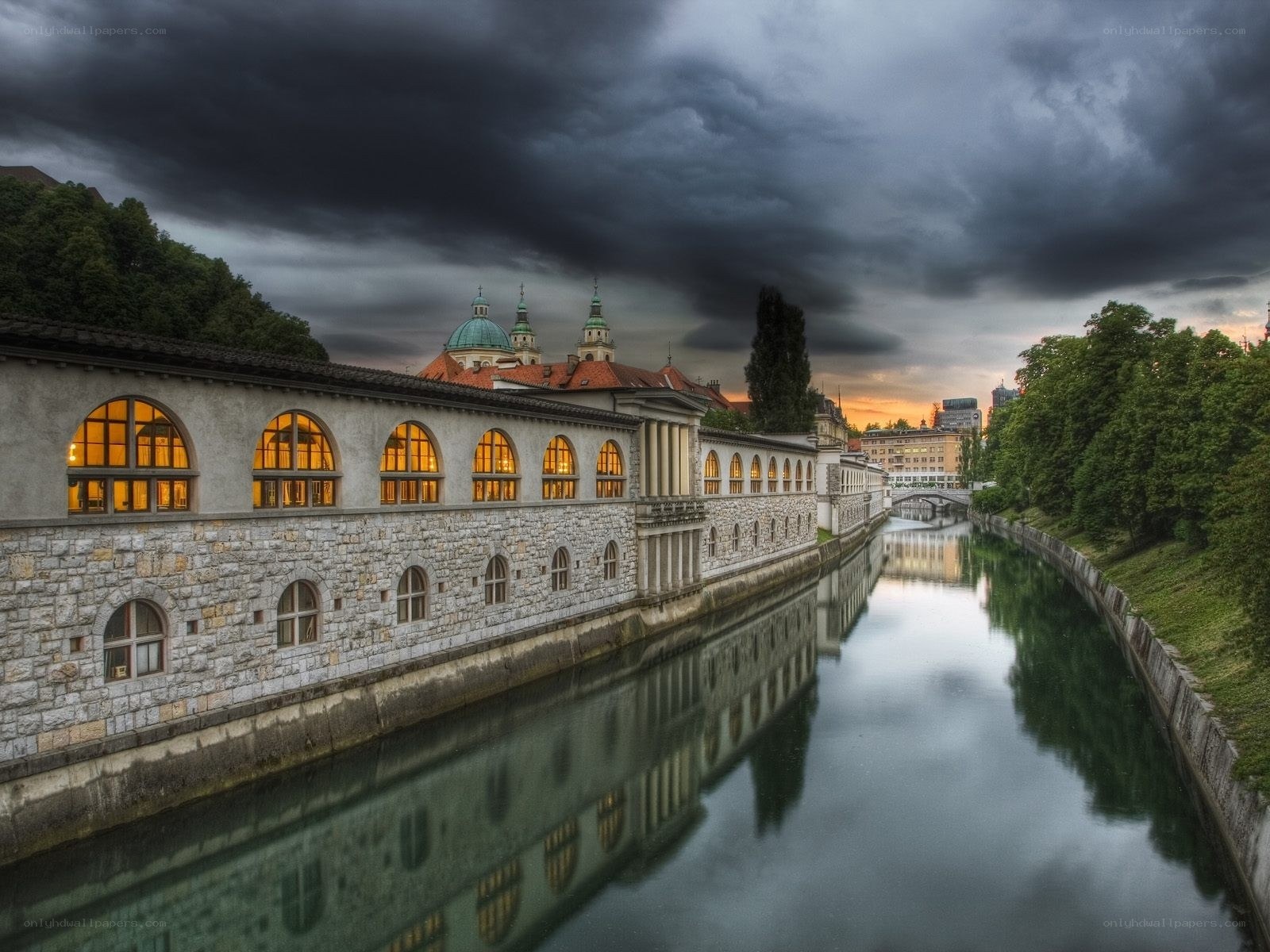 Stormy river scene at dusk