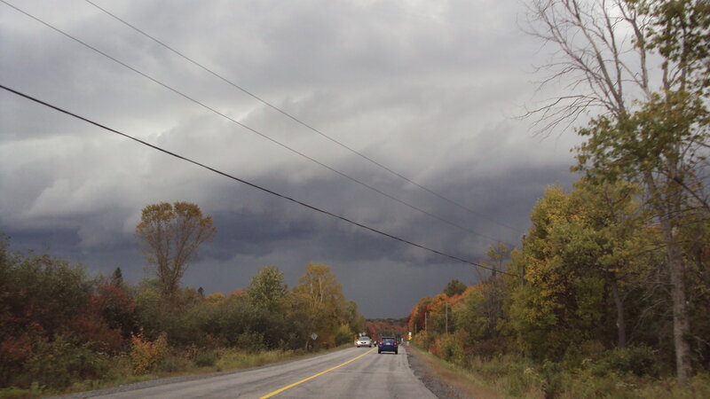 Stormy road with autumn trees