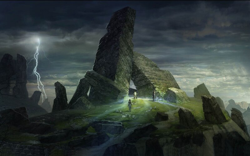 Stormy rock formation with travelers