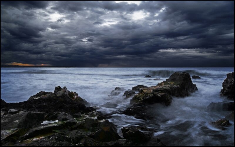 Stormy Sea at Rocky Shore — Gray
