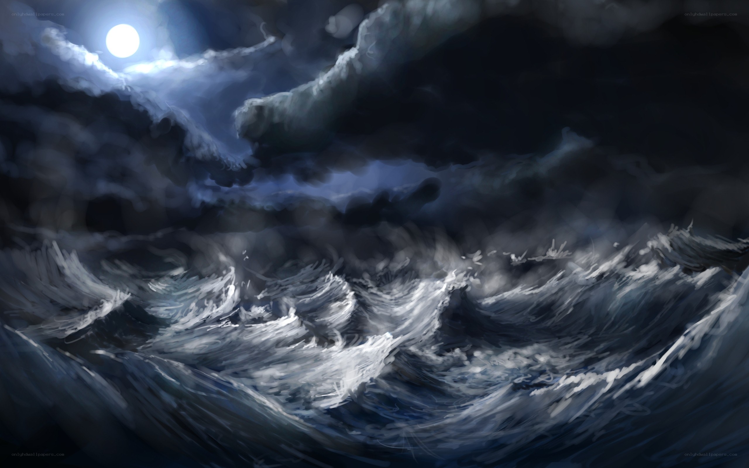 Stormy sea under moonlight