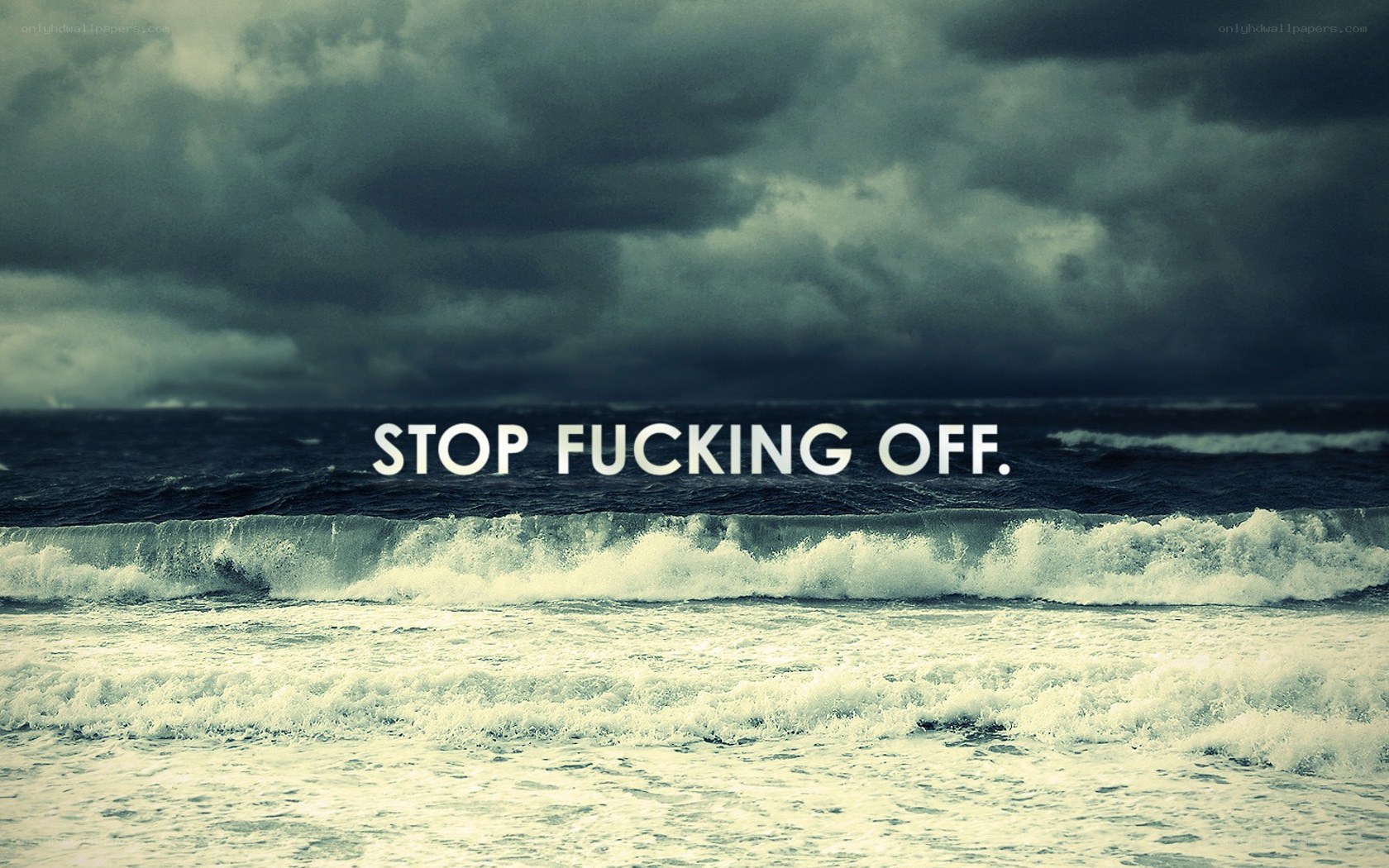 Stormy sea with bold text