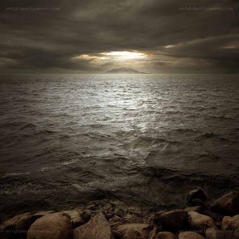 Stormy sea with distant island