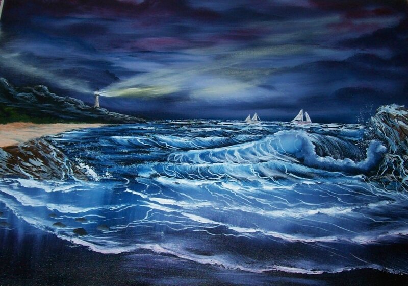 Stormy Sea with Lighthouse — Blue